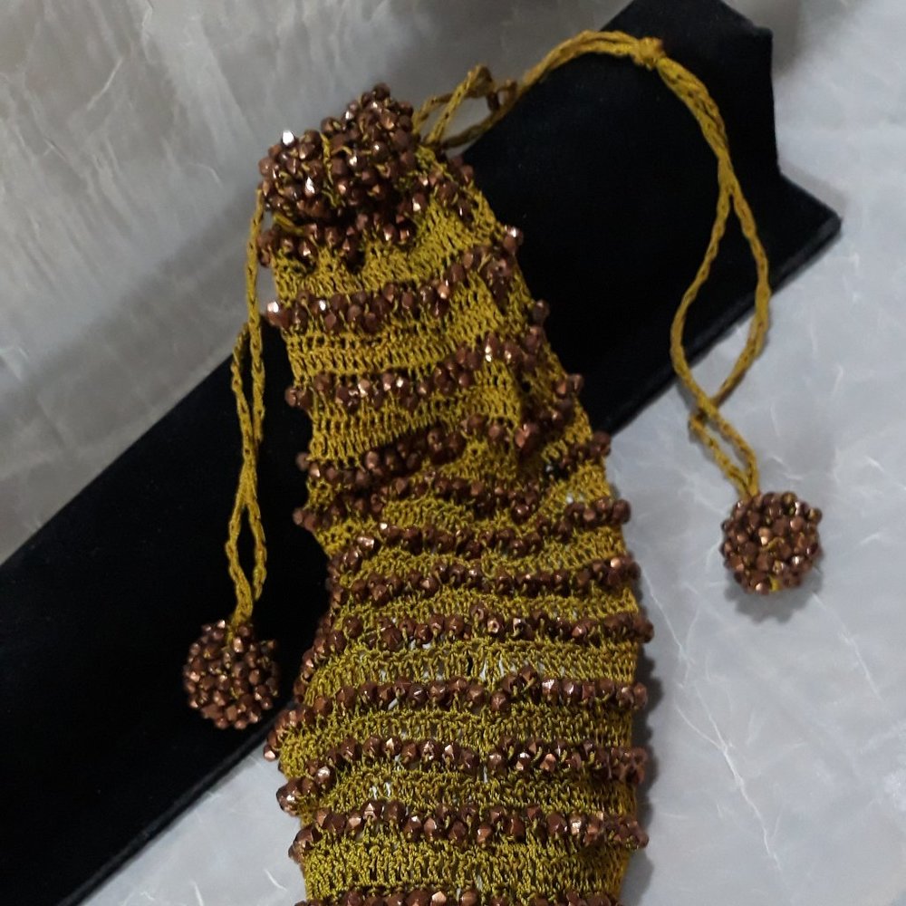 Antique Crocheted Drawstring Bag Beaded Glass - image 1